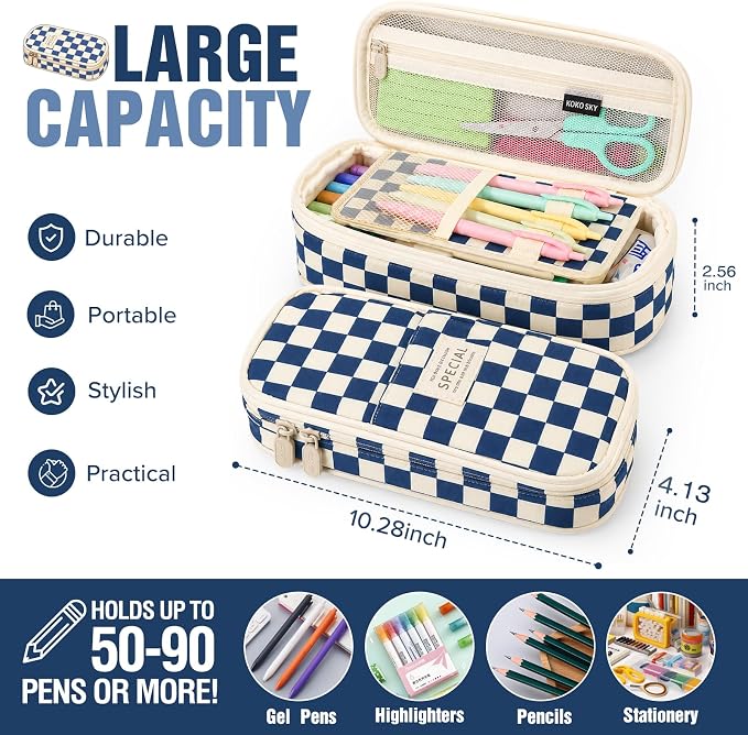 Pencil Case, Large Capacity Aesthetic Pencil Cases with Durable Zipper, Big Stationery Pencil Pouch for Women & Men, Adults Portable Storage Organizer Bag for College, office, Travel (Blue Grid)
