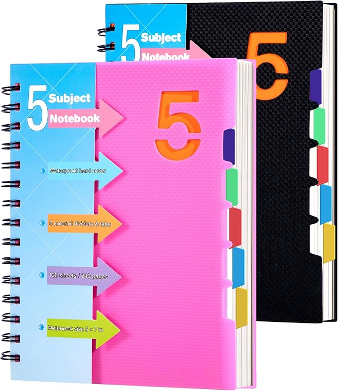 CAGIE 5 Subject Notebook 2 Pack, A5 Small Spiral Notebook with Removable Pocket Dividers Tabs, 240 Pages Spiral Note Book College Ruled for School Work Note taking, Pink&Black