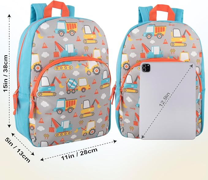 Trail maker 15 Inch Kids Backpacks for Boys & Girls | Preschool, Kindergarten, Elementary School Backpacks with Adjustable, Padded Straps (Construction Trucks)