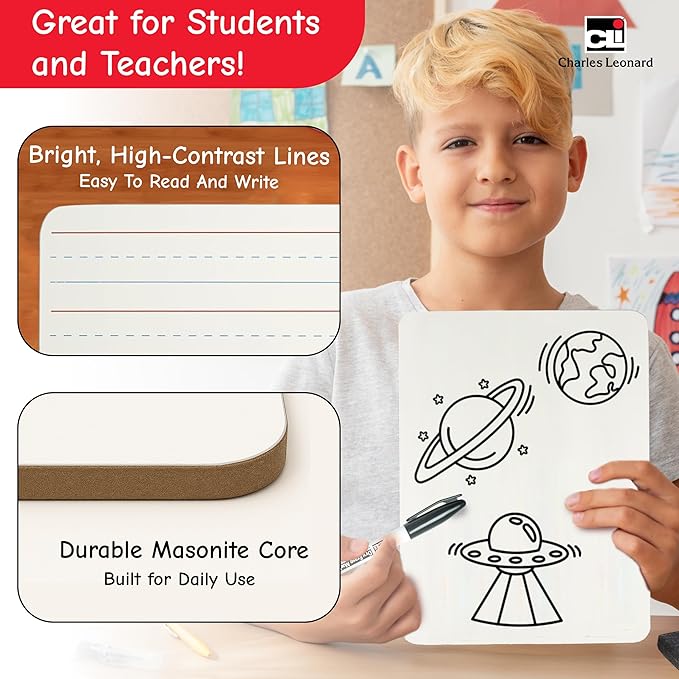 Charles Leonard Dual-Side Mini Dry Erase Boards, Classroom Pack of Mini Lapboards, Set of 12, Plain and Lined Sided Dry Erase White Boards, 9x12 Inches (35120)