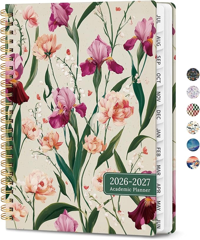 Planner 2026-2027, Academic Planner Weekly and Monthly, Jul 2026 - Jun 2027, Spiral Bound School Planning Tool with Tabs and Pocket, Perfect for Students & Teacher, 6.3" x 8.5", Iris Peony