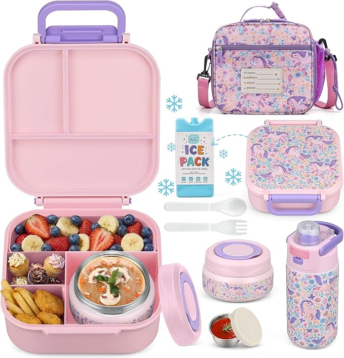 Bento Lunch Box for Kids with 7oz Soup Thermo,Insulated Stainless Steel Kids Water Bottle with Straw and Insulated Lunch Bag,Leak-Proof Lunch Food Container with Ice Pack for School (Pink-Horse)