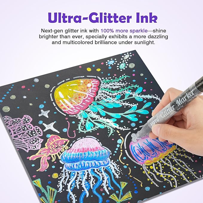 HOTU Glitter Markers Pens, 16 Colors Glitter Acrylic Paint Pens, Sparkly Metallic Dual-Tone Reversible Smooth Tips Shimmer Marker 8 Count for Coloring, Rock Painting, Wood, Fabric, DIY Craft