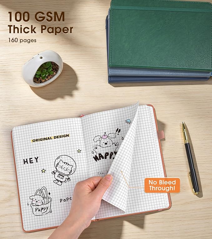 A5 Leather Hardcover Graph Paper Notebook, 160 Pages (5 Squares/Inch), 180° Lay-Flat Binding, 100 GSM Thick Paper, for Math, Engineering, Students & Technical Work (Pink)