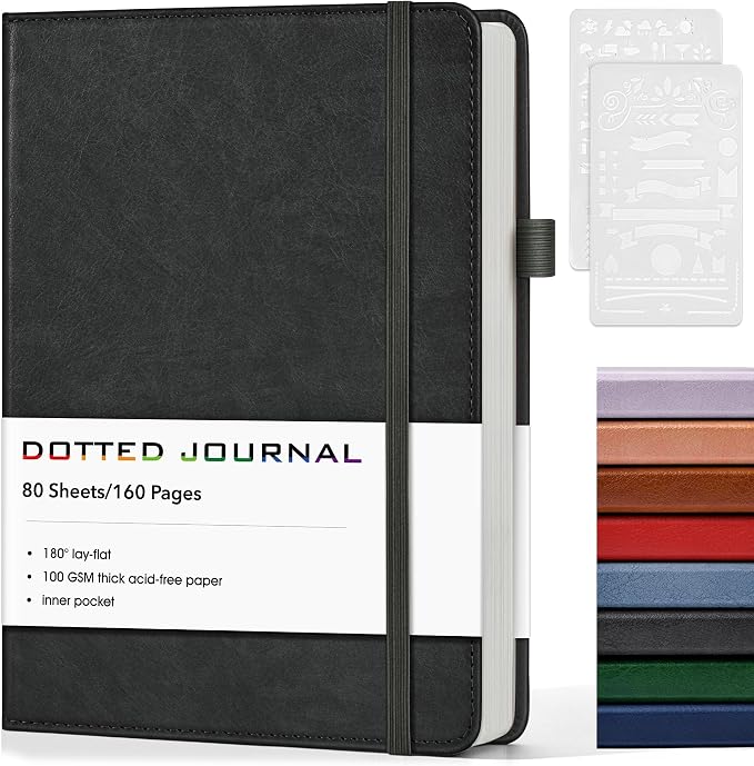Dotted Journal Notebook, A5 Leather Hardcover, 160 Pages, 180° Lay-Flat Binding, 100 GSM Thick Paper, Dot Grid for Bullet Journaling, Planning & Daily Organization (Black)