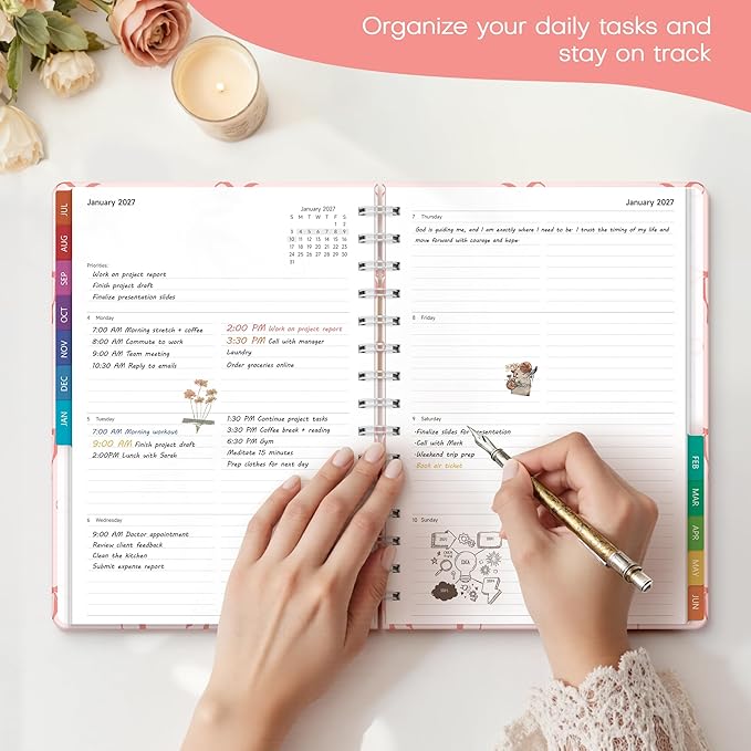 Planner 2026-2027 Monthly and Weekly Academic Planner July 2026 - June 2027, Hardcover Calendar 2026-2027 Agenda Daily Planner for Student Teacher School Office Supplies, 6" x 8.3", Pink Bow