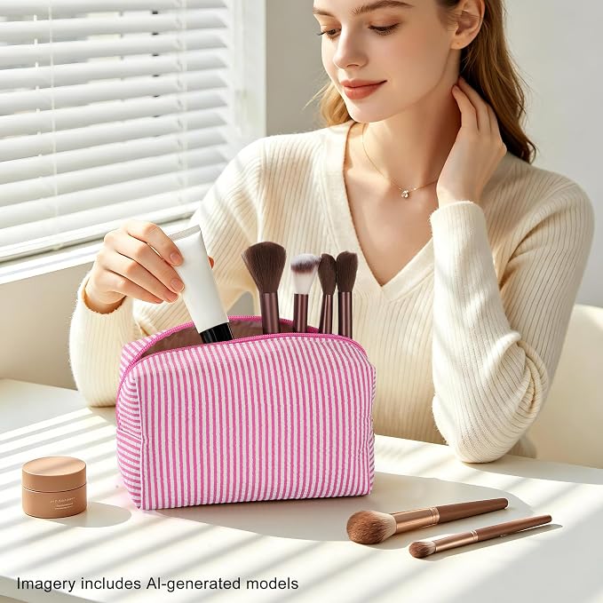 Makeup Bag Set for Women, 6PCS Travel Cosmetic Bags Pencil Case, Striped Seersucker Toiletry Organizer Pouches, Cute Makeup Pouch for Purse, Accessories and Gifts, Rose Red