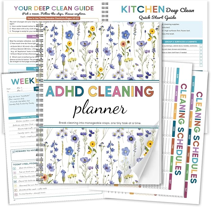 ADHD Cleaning Planner - Floral Undated Cleaning Journal & Schedule Checklist for Adults Women. Dry Erase PVC Spiral Notebook Chore Tracker for Home Management & Dopamine Menu