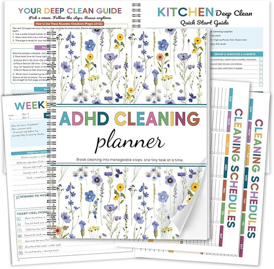 ADHD Cleaning Planner - Floral Undated Cleaning Journal & Schedule Checklist for Adults Women. Dry Erase PVC Spiral Notebook Chore Tracker for Home Management & Dopamine Menu