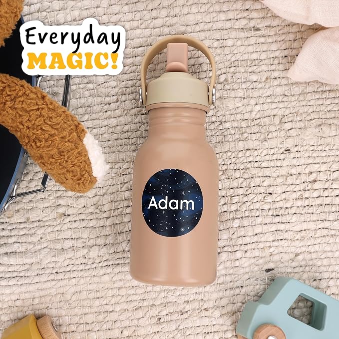 Camp Name Labels for Kids (33) – Custom Waterproof Stickers for Water Bottles, Lunch Boxes, Daycare & School with Unique Designs - Galaxy