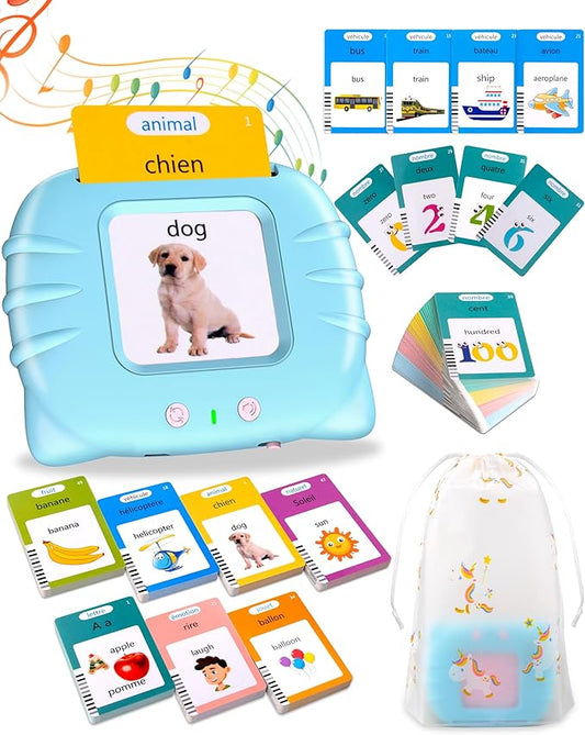 510 Words French Flash Cards for Kids, Toddler Learning Resources Toy, Autism Sensory Toys for Autistic Children Age d 2-4 Blue (French/English/Bilingual)