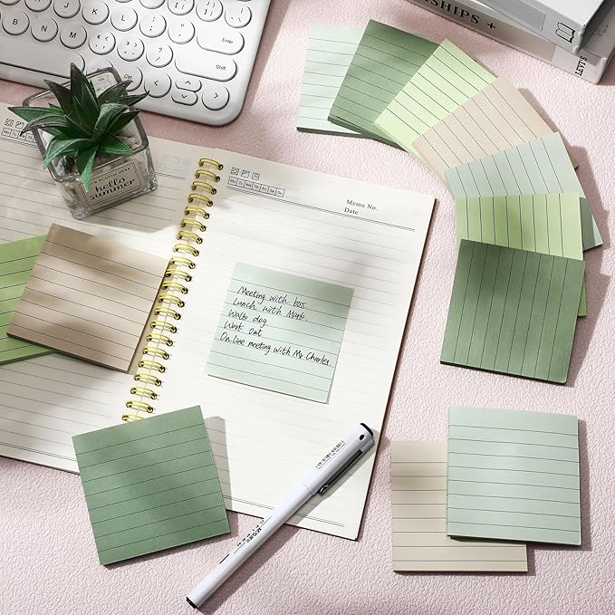 AmazingSpark 12 Pack Sage Green Lined Sticky Notes 3x3 inch Post Ruled Stickies Super Self Stick Power Memo Pads Multi Colors Notes Pads Vintage Aesthetic School Office Supplies Accessories
