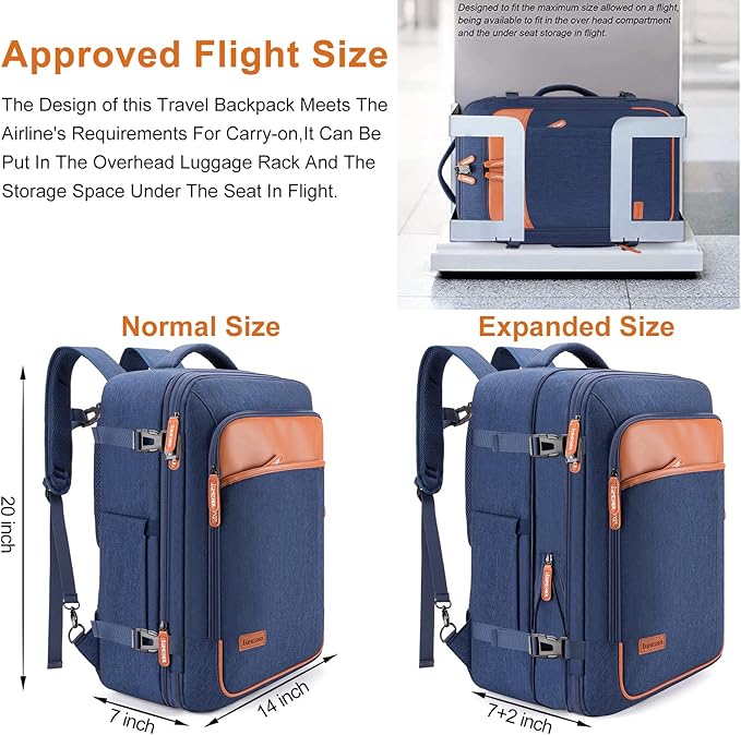 Lumesner Carry on Travel Backpacks, Extra Large 40L Flight Approved Bag for Men & Women,Expandable Suitcase Backpack With 4 Packing Cubes,Water Resistant Luggage Daypack Business Weekender Bag, Blue