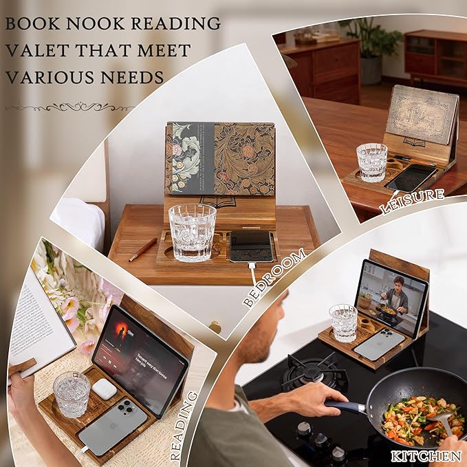 Book Holder Stand for Reading Rest, Wooden Foldable Book Rest with Book Page Holder, Cup, iPad & Phone Stand, Book Nook Reading Valet Desktop Triangle Bookstand Bookshelf for Readers Bookworms Gifts