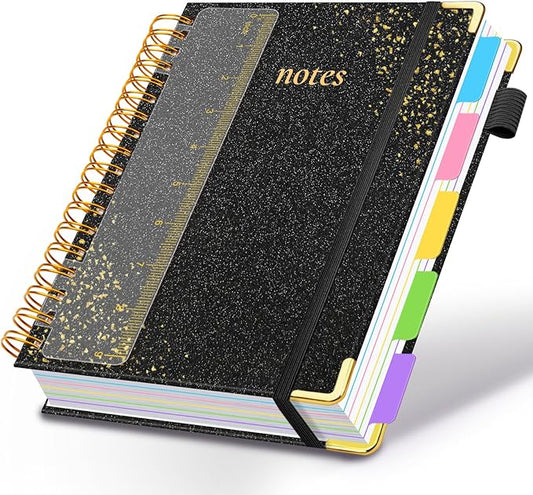 Hardcover Spiral Notebook with Removable Dividers & Tabs, 8"x10" 5 Subject Notebooks for Work, 300 Pages College Ruled Notebook, B5 Sparkle Lined Journal for Women Girls Note-Taking (Black)