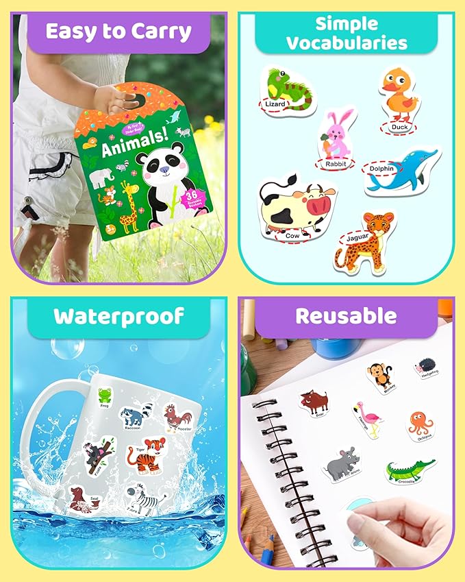 Benresive Reusable Sticker Book for Toddlers, Stickers for Kids, Travel Toys for Arts & Crafts Activities, Birthday Gift for Boys & Girls, Animals Themes