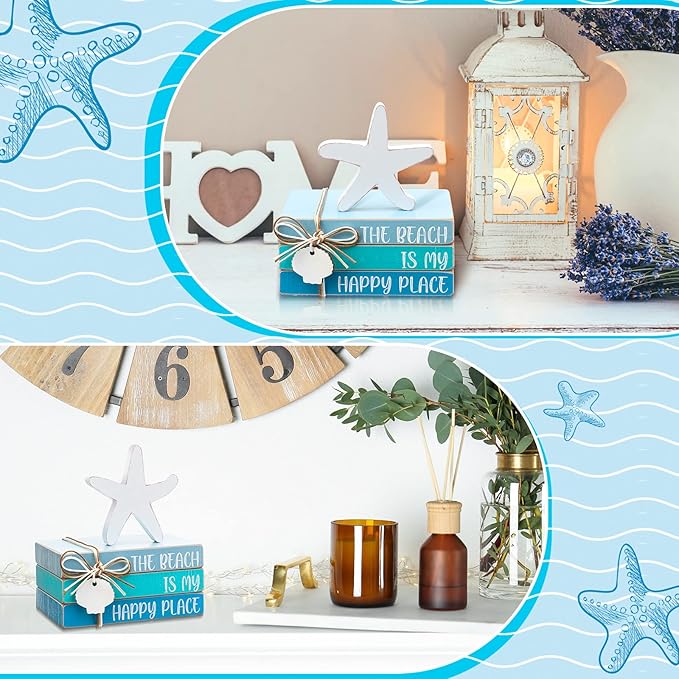 Pinkunn 4 Pcs Summer Table Coastal Theme Decorations Wooden Beach Starfish Stacked Book Sign Nautical Tiered Tray Signs & Plaques for Tabletop Shelf Mantel Office Beachy Room Decor