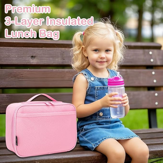 FlowFly Kids Lunch box Insulated Soft Bag Mini Cooler Back to School Thermal Meal Tote Kit for Girls, Boys, Pink