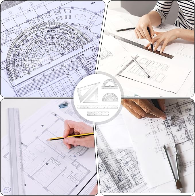 6pcs Transparent Plastic Geometry Kit Plastic Clear Ruler Math Set, Includes 6/12 Inch Straight Rulers, 2 Protractors 180 Degree, 2 Triangle Rulers Measuring Tool for Office Home Drawings
