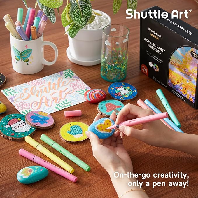 Shuttle Art Automatic Ink Control Acrylic Paint Markers, 24 Pastel Colors Brush Tip Acrylic Paint Pens for Rock Painting, Ceramic, Wood, Canvas, Glass, Stone, Fabric, Card Making, DIY Football Crafts