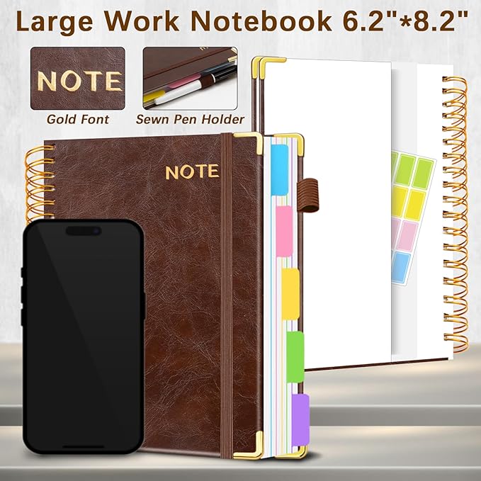 Hardcover Spiral Notebooks for Work 6.2"x 8.2", 300 Pages 5 Subject Notebook with Dividers & Tabs, A5 Spiral Journal for Women, College Ruled Notebook for School Note-Taking (Dark Brown)