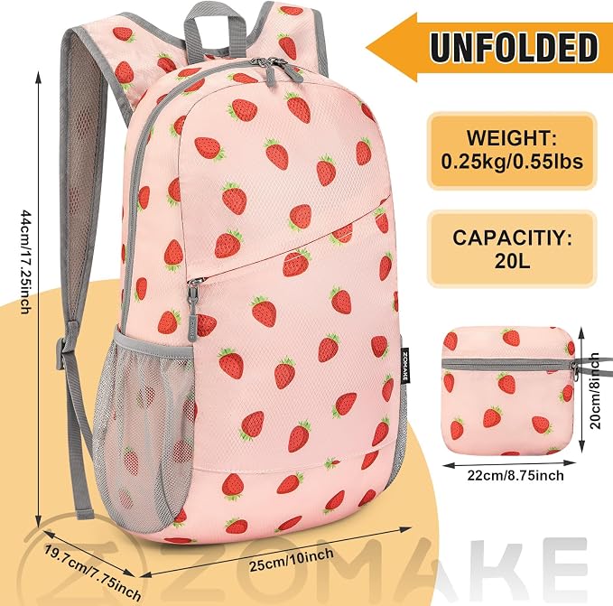 ZOMAKE Lightweight Packable Backpack 20L, Foldable Small Daypack for Hiking | Water Resistant Backpacks Day Bag for Travel Outdoor Camping Sport, Everyday Carry, Multiple Pockets(Strawberry Print)