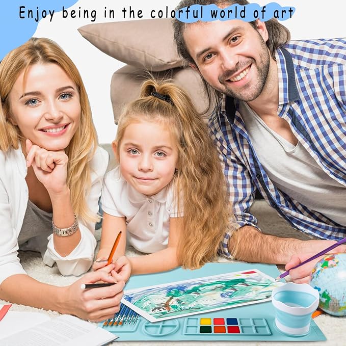 DIYDEC Silicone Craft Mat 20X16 Inch Large Silicone Art mat with Detachable Cup Painting Mat with 10 Painting Brushes Silicone Drawing Mat Sheets for Kids Adult DIY Accessories (Blue)