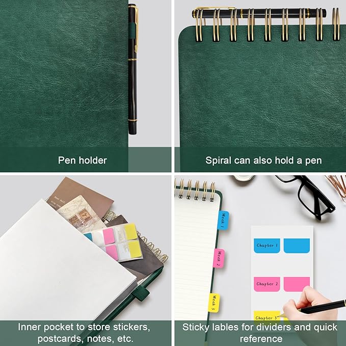 Mousbull A5 Top Spiral Notebook, Large Leather Hardcover Top Bound Steno Pads, 240 Pages 100 gsm Thick Lined Paper Left Handed Notebook Journal for Work, School, Meeting Writing - Green, 5.9" x 8.5"