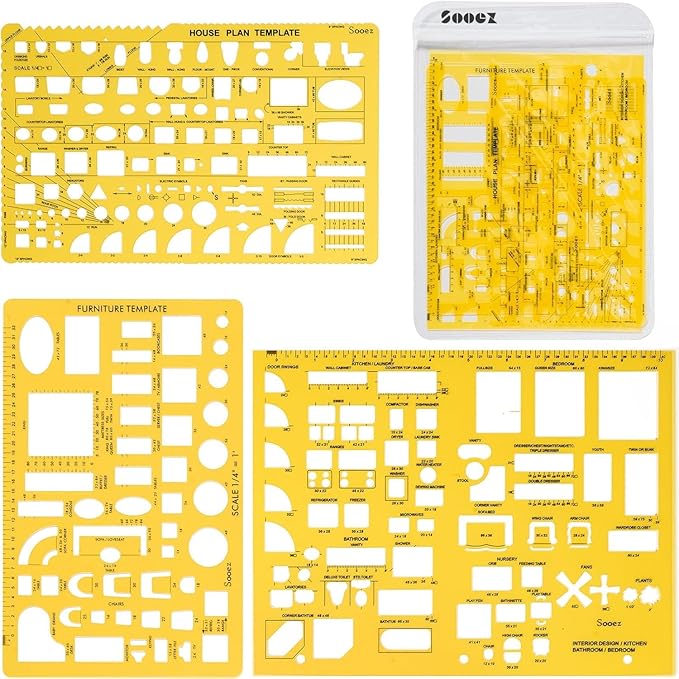 Sooez Architectural Templates, House Plan Template, Interior Design Template, Furniture Template, Drawing Template Kit, Drafting Tools and Supplies, Template Architecture Kit, Set of 3, Yellow