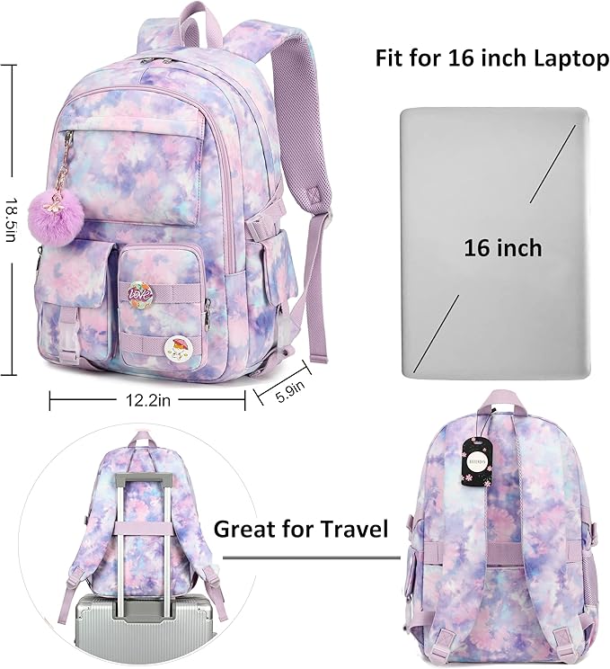 Hidds Laptop Backpacks 15.6 Inch College Backpack Elementary Middle High School Book Bag Cute Bookbags Anti Theft Travel Back Pack Casual Daypack Kids for Teens Girls Women Students (Tie-Dye Purple)