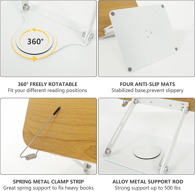 Book Stand for Reading,360°Rotating Base Book Holder for Reading Hands Free,Cookbook Stand,Wooden Panel Aluminium Base Stand for Cookbook,Laptop,Textbook