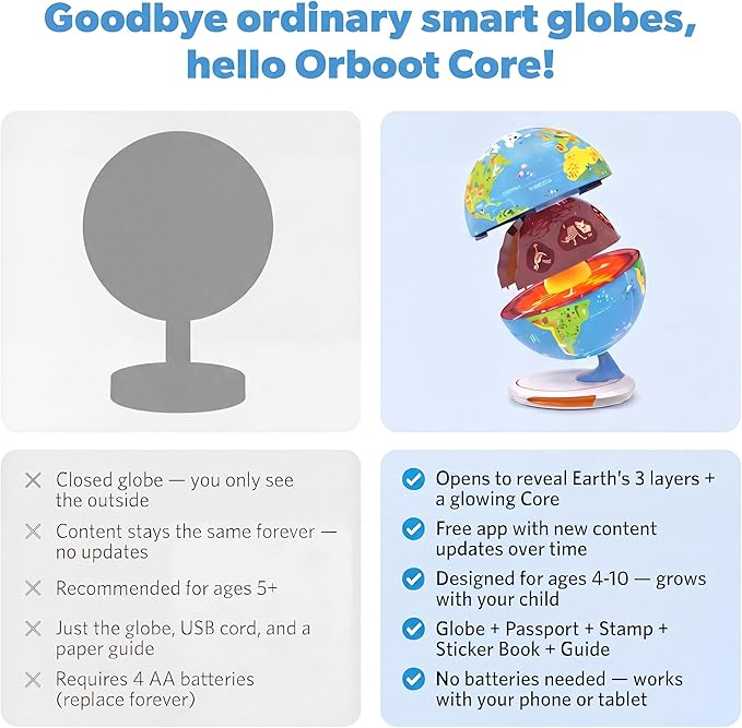 PlayShifu Globe For Kids - Orboot Core | 3-Layer Openable Tech-Powered Interactive Globe | Explore Earth's Surface, Fossils, Minerals & Glowing Core | STEM Learning Toy with Free App | Ages 4–10