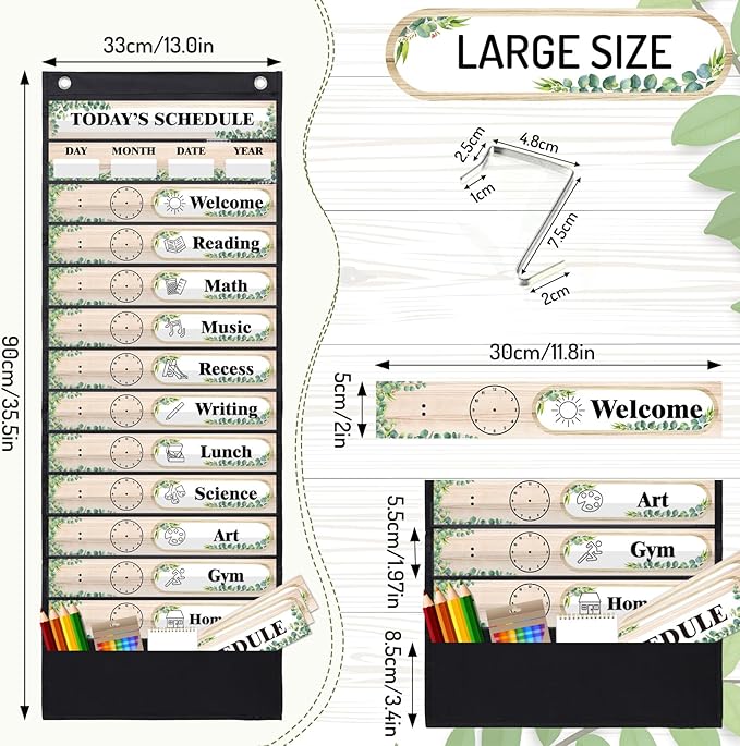 JarThenaAMCS Boho Greenery Daily Schedule Pocket Chart Simply Eucalyptus Leaf Design Classroom Time Charts with 36Pcs Reusable Cards Welcome Back to School Decorations for Home Educational Activity