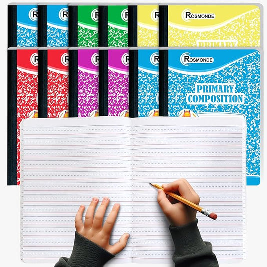 Rosmonde Composition Notebooks Primary Ruled 12 Pack, 200 Pages (100 Sheets), Color Marble Composition Notebook, 9-3/4" x 7-1/2", Grades K-2, Writing Journal, Dotted Lined, Colors May Repeat