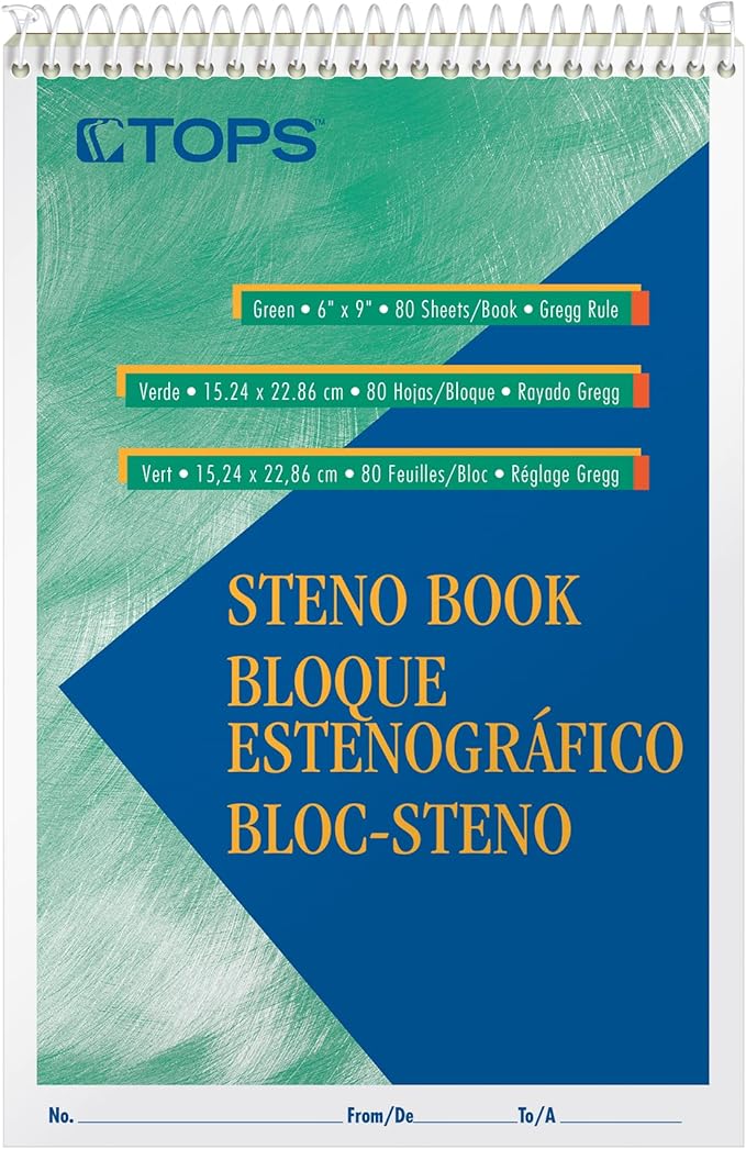 Tops Steno Books, 6" x 9", Gregg Rule, Green Tint Paper, 80 Sheets, 12 Pack (8021)