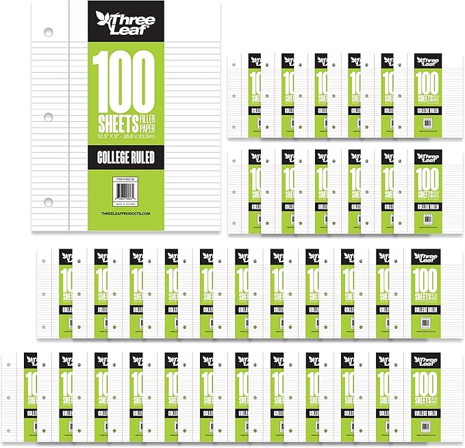 THREE LEAF 100 SHEETS COLLEGE RULED FILLER PAPER, PACK OF 36, LOOSE-LEAF SHEETS FOR SCHOOL AND OFFICE 100 CT. FILLER PAPER, NOTEBOOK PAPER