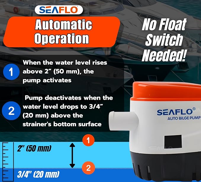 SEAFLO 06 Series Automatic Submersible Bilge Pump - 1100 GPH, 12V, 1-1/8"" Outlet, 4-Year Warranty! Built-In Float Switch, Snap-Off Strainer, Compact for Marine Boat Yacht, CE & Rohs Certified