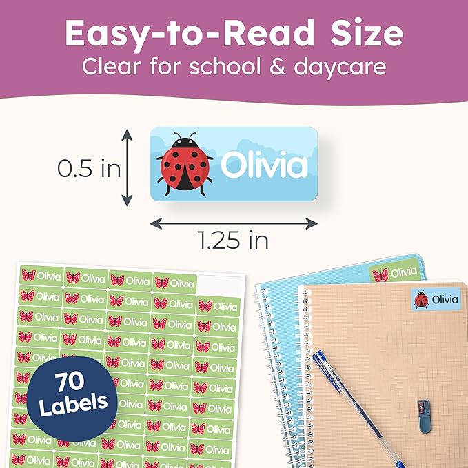 Personalized Name Labels for Kids (70 Labels) - Durable & Waterproof Custom Name Stickers for Clothing Tags, School Supplies, Camp & Daycare - Plant Friends (1.2”x0.5”)