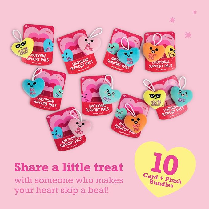 Emotional Support V-Day Heart Cards by Relatable - The Cute Classroom Valentines for Kids, Friendship Gifts, or Gifts for Girlfriend - Includes 10 Plushies with 10 Cards