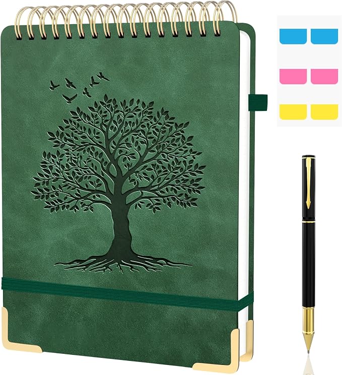 Mousbull A4 Top Spiral Notebook, Tree Pattern Large Leather Hardcover Left Handed Journal, 240 Pages 100 Gsm Lined Paper Top Bound Steno Pads for Work, School, Travel Writing - Green, 8.5" x 11"