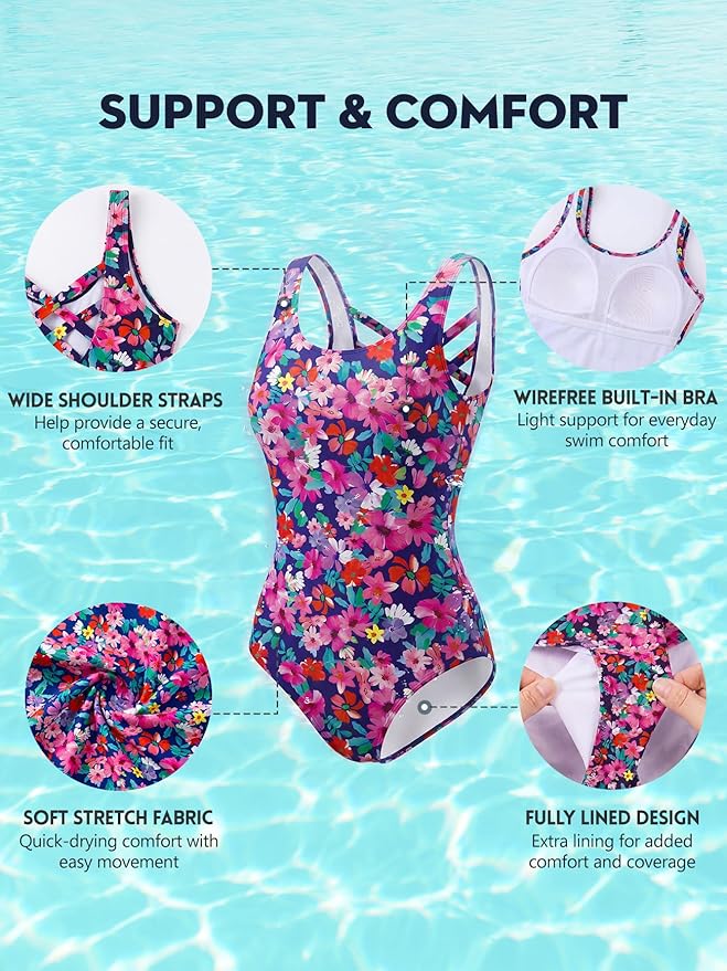 Modest Full Coverage One Piece Swimsuit Floral Bathing Suit Criss Cross Back Swimwear with Built-in Bra
