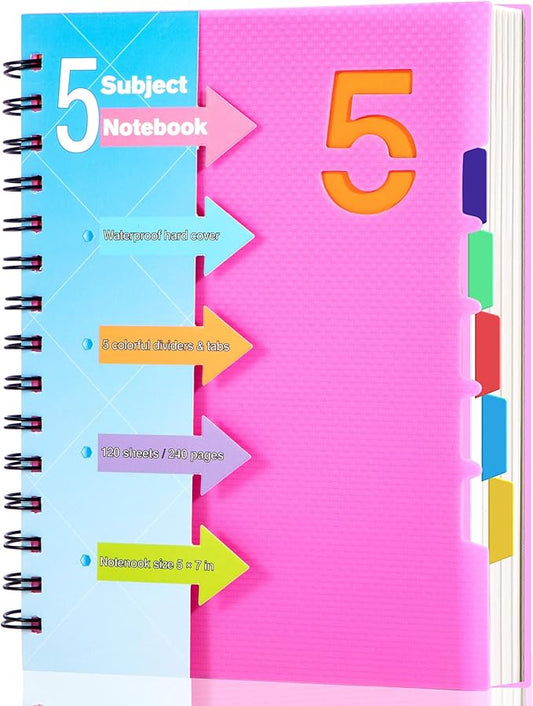 CAGIE 5 Subject Notebook, A5 Small Spiral Notebook with Removable Pocket Dividers Tabs, 240 Pages Spiral Note Book College Ruled for School Work Note taking, 6.1 * 8.27 in, Pink