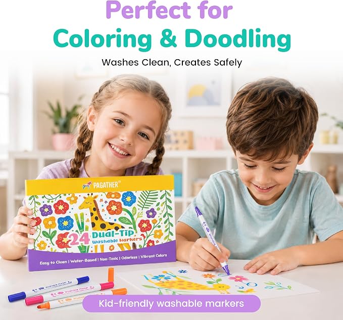 Pagather Washable Markers, 24 Colors Dual Tip Dot & Conical Pens for Kids