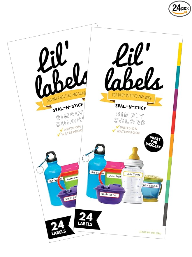 Removeable, Write-On Food Bottle Labels, Write-On, Self-Laminating, Freezer Safe Waterproof Kids Name Labels for Baby Bottles, Sippy Cup for Daycare School, Dishwasher Safe (Simply Colors, Set of 2)