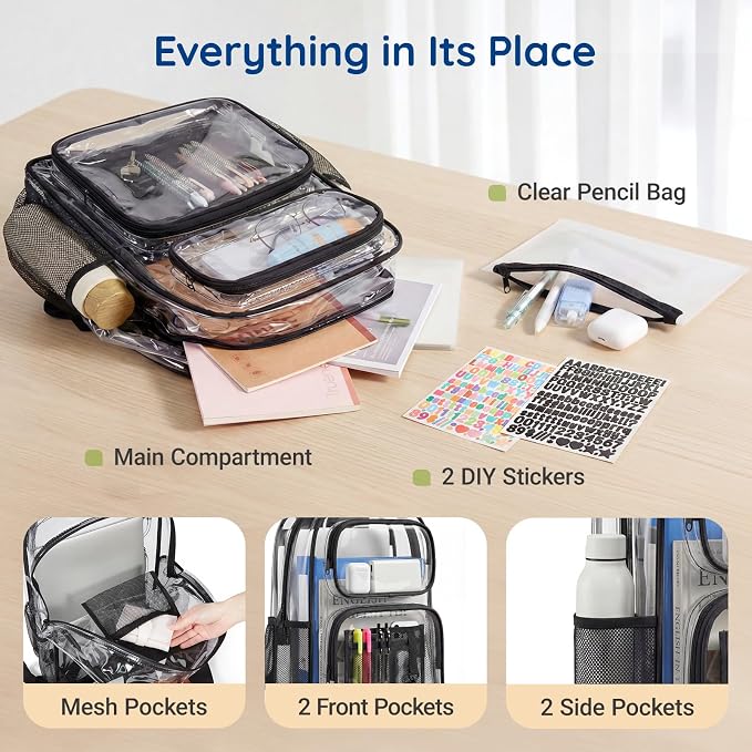 mommore Clear Backpack Set for School, Large Heavy Duty Transparent Bookbag with Pencil Bag for Boys Girls, 17 inch See Through PVC Plastic Backpack with DIY Patches for College Work Casual