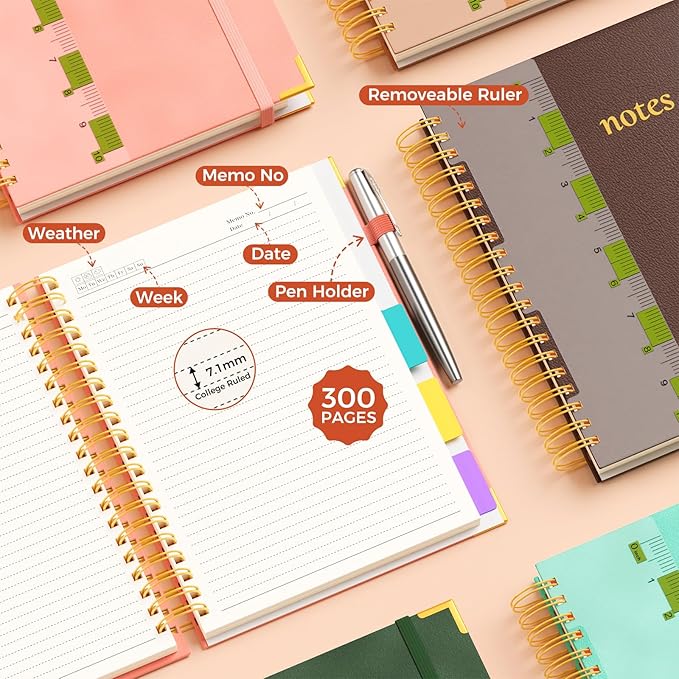 XYark A4 Hardcover Spiral Notebook, 8.5"x11" College Ruled Notebooks with Removable Dividers Tabs & Ruler, 5 Subject Notebook 300 Pages, Large Lined Journal for Women Men School Work Office, Brown