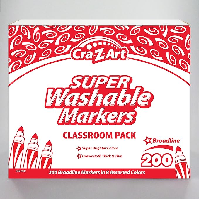 Cra-Z-Art Super Washable Broadline Markers Bulk Class Pack 200ct 8 Assorted Colors, 25 Broadline Markers in Each Color