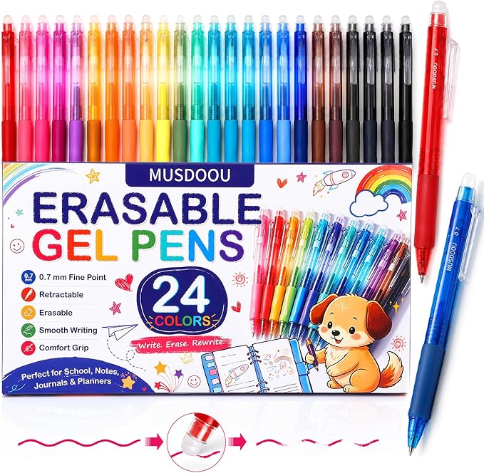 Erasable Gel Pens, 24 Assorted Colors, 0.7mm Fine Point Retractable Gel Ink Pens with Erasers, Smooth Writing Multicolor Pens for Journaling, Note Taking, Planning, Drawing and Art Projects
