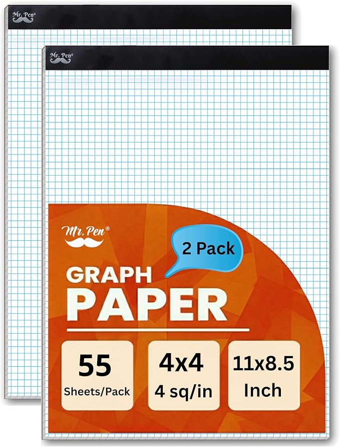 Mr. Pen- Graph Paper, 2 Pack o 55 Sheets, 8.5"x11", 4x4 (4 Squares Per Inch), Graphing Paper, Grid Paper Pad, Math Graph Paper Pad, Drafting Paper, Computation Pads, Square Paper, Math Paper
