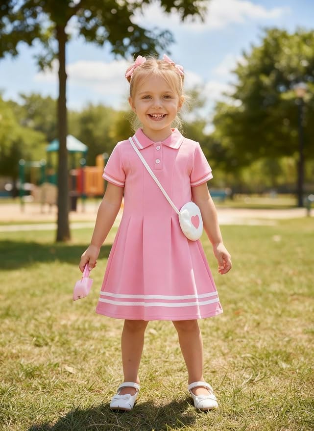 Renotemy Infant Baby Girl Dress Toddler Girls Summer Clothes School Outfits Cotton Short Sleeve Polo Dresses with Bag 12M-5T